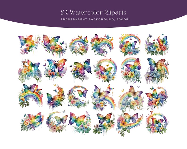 May include: 24 watercolor clipart images of butterflies with rainbows and flowers. The butterflies are in various colors, including blue, purple, pink, yellow, and green. The rainbows are in shades of pink, orange, yellow, green, blue, and purple. The flowers are in shades of pink, purple, yellow, and green.