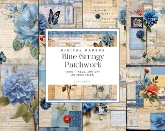 Blue Grungy Patchwork Junk Journal Page, Digital Download JPG, Decorative Paper, Junk Journal Pages, Collage Sheet, Commercial Use