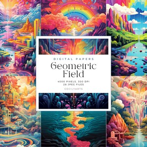 May include: A set of 28 digital papers featuring colorful, geometric landscapes with rivers, mountains, and clouds. The papers are 4000 pixels, 300 DPI, and are titled "Geometric Field" by Cecilyarts.