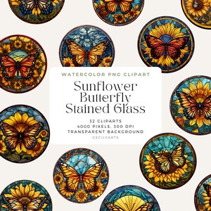 Sunflower Butterfly Stained Glass, Sunflower Stained Glass Butterfly Decor, Handmade Gift for Women, Beautiful Window Art for Home, png