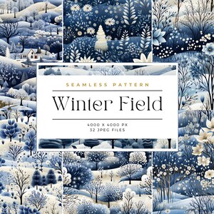 May include: A seamless pattern featuring a winter field with blue and white trees, a small house, and a winding path. The pattern is ideal for creating winter-themed crafts, decorations, and apparel.