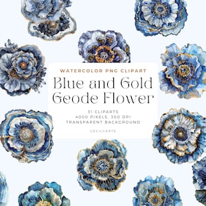 blue and gold geode flower clipart, Blue Geode, Watercolor Floral Clipart Bouquets, Elements, Commercial Use, Digital clipart PNG