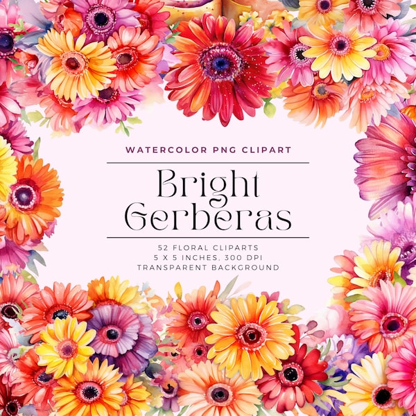 Bright Gerberas Flowers PNG, Watercolor Floral Clipart Bouquets, Elements, Commercial Use, Digital clipart PNG