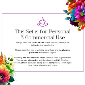 May include: A white text box with a purple border contains text about the terms of use for personal and commercial use of digital downloads. The text box is surrounded by colorful flowers.