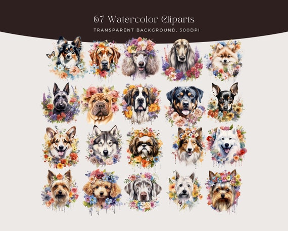 水彩画の犬のクリップアート：花柄の犬の肖像画（PNG、商用利用可