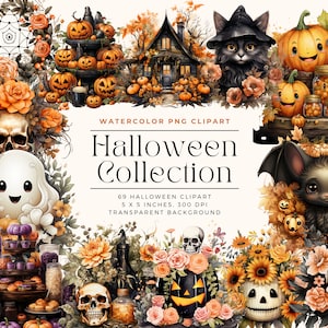 Watercolor Cute Halloween Collection Clipart, Pumpkin Clipart, Spooky Clipart PNG, Cute Ghost, Jack-o-lantern, Cat, Commercial License