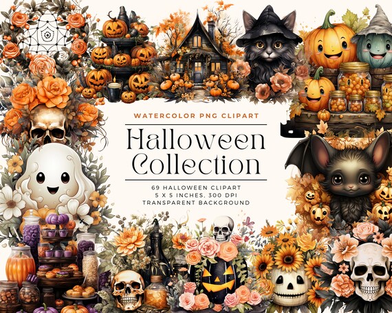 Watercolor Halloween Clipart, Cute Ghost, Pumpkin, Cat (PNG, Commercial License)
