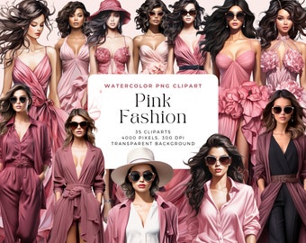 Clipart de moda rosa acuarela, imágenes prediseñadas de chica de moda, imágenes prediseñadas de chicas de moda, imágenes prediseñadas de moda rosa, imágenes prediseñadas rosas, licencia comercial