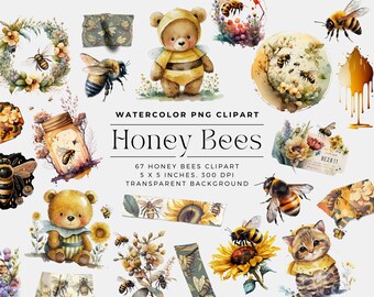 Watercolor Honey Bees Clipart, Cute Bee Stickers (Digital Download)