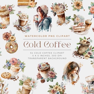 Cold Coffee PNG, Watercolor Floral Coffee Clipart, flower latte Elements, Commercial Use, Digital Clipart PNG