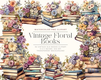 May include: 36 watercolor illustrations of vintage books with floral arrangements. Each book stack is 5 inches by 5 inches and has a transparent background.