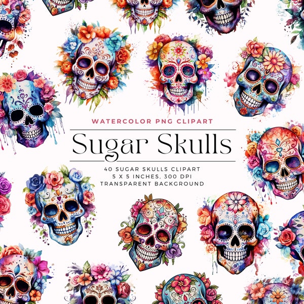 Watercolor Sugar Skull Clipart, Watercolor clipart,Skulls with flowers, Halloween Sugar Skulls Commercial License
