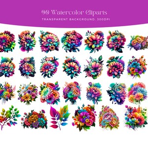 May include: 90 Watercolor Cliparts, Transparent Background, 300DPI. A collection of colorful, vibrant watercolor flower bouquets and floral arrangements. The flowers are painted in a variety of colors, including pink, purple, blue, green, yellow, and orange.