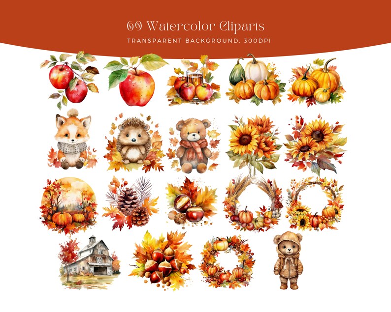 May include: A set of 69 watercolor clipart illustrations featuring autumnal themes. The illustrations include animals, leaves, pumpkins, acorns, wreaths, and more. The illustrations are perfect for adding a touch of fall to your projects.