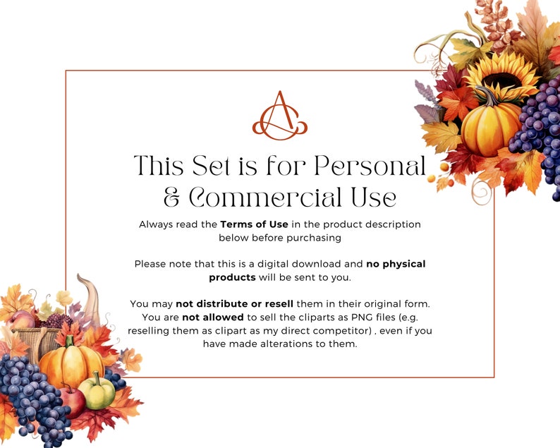 May include: A digital download graphic design set with fall-themed illustrations of pumpkins, grapes, leaves, and sunflowers. The text on the image reads "This Set is for Personal & Commercial Use".