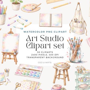 Akvarellkonststudio Clipart Set, Målningsverktyg PNG, Pastellkonstnärstillbehör, Penslar Palett Staffli