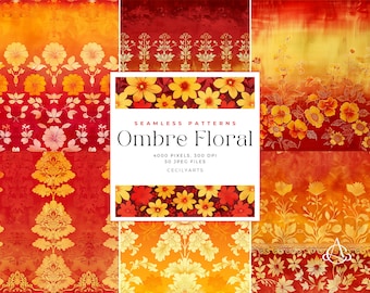 Red and Orange Ombre floral Seamless Patterns, Red to Orange Gradient Seamless Digital Paper, Digital Paper, seamless backgrounds