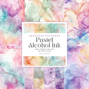 May include: A set of 40 seamless digital paper patterns featuring pastel alcohol ink in various shades of pink, blue, green, and yellow. The patterns are 3840 pixels by 3840 pixels and 300 DPI.