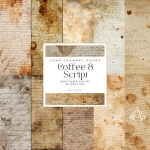 Könnte beinhalten: Digitale Collagebögen mit gealterten Papiertapeten, Kaffeeflecken und handschriftlichem Skript. Das Bild enthält den Text "Junk Journal Pages Coffee & Script" sowie Details zu Dateigröße und Auflösung. Die Gesamtästhetik ist Vintage und antik.