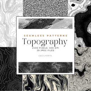 May include: A digital art print showcasing a collection of seamless topography patterns in black and white. The patterns include contour lines, organic shapes, and abstract designs. The image includes the text "Seamless Patterns Topography".