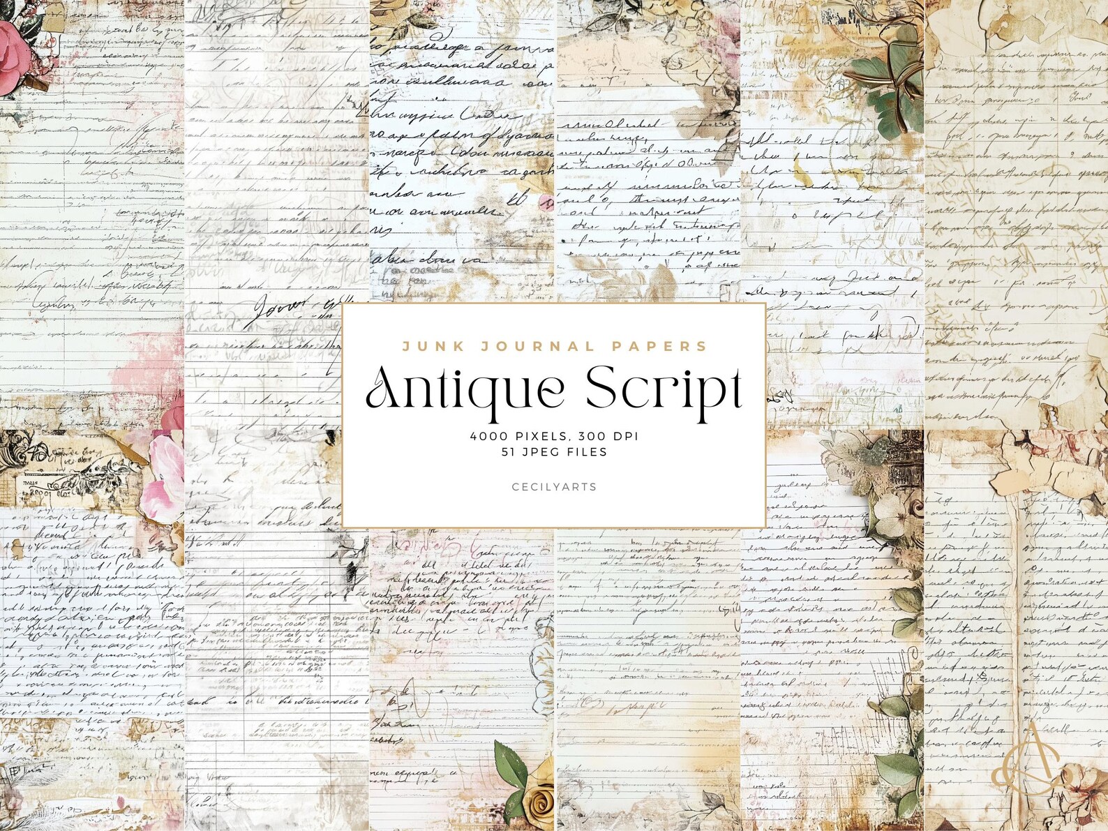 Antique Script Junk Journal Papers: Shabby Chic Digital Paper (PDF) - Etsy