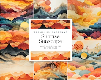 May include: A set of 32 digital seamless patterns featuring a sunrise landscape with colorful mountains, clouds, and a sun. The patterns are 4000 pixels, 300 DPI, and are perfect for creating backgrounds, textures, and designs.