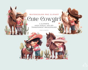 Cute Cowgirl Watercolor Clipart PNG Digital Download, Cute Cowgirl Wild West PNG, Baby Girl Cowgirl Clipart, Commercial License