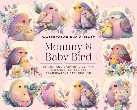 Mother’s Day clipart, mother-baby bird clipart, Mommy and baby bird Watercolor Clipart, Elements, Commercial Use, Digital clipart PNG