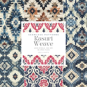 May include: A digital art image displaying a variety of seamless patterns. The patterns incorporate geometric and floral motifs in blue, beige, and red hues. The text "Kasuri Weave" is visible, alongside information about the file size and resolution.