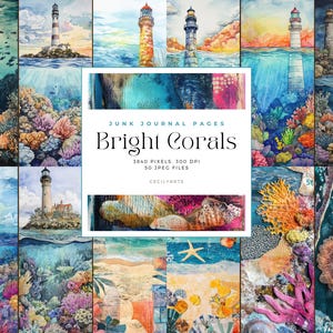 Páginas de diario basura con corales brillantes, imprimible digital, materiales para manualidades, arte de arrecifes de coral, efímeras caprichosas