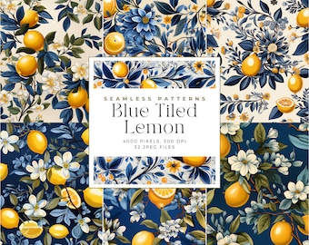 Blue Italian Watercolor Tile Lemons Digital Paper, seamless patterns, Tile Lemon Pattern, Sublimation, , Watercolor Seamless Pattern