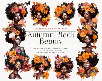 Watercolor Autumn Black Beauty Clipart, Floral Fashion (Commercial License)