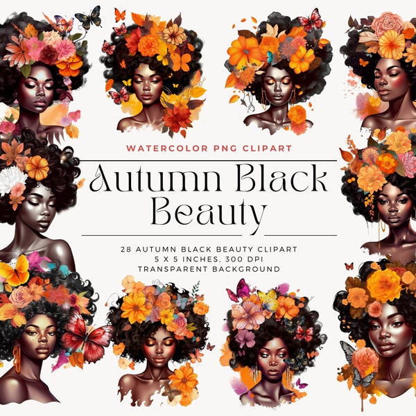 Watercolor Autumn Black Beauty Clipart, Fall Clipart, Autumn fashion Girl, Watercolor Fall Floral Fashion, Fall Clipart, Commercial License