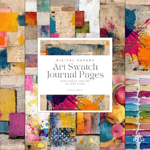 May include: A collage of colorful digital art papers with paint splatters, textures, and text fragments. The central image features the text "Art Swatch Journal Pages" and details about the digital files. The color palette includes shades of blue, orange, yellow, pink, and brown.