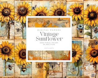 May include: Digital paper pack featuring 56 vintage sunflower designs with bees and butterflies. The papers are 4000 pixels by 300 DPI and are perfect for scrapbooking, card making, and other crafting projects.
