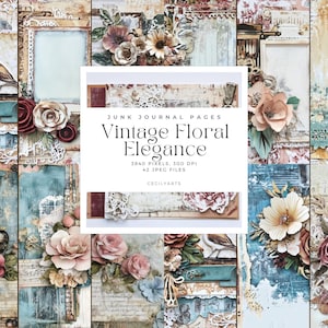 Vintage Floral Elegance Junk Journal Pages, Shabby Chic - carte postale vintage pour la Saint-Valentin - Pages de journal numérique - kit coeurs et dentelle