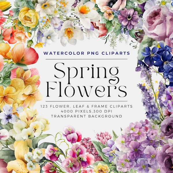 123 Spring Flowers PNG, Watercolor Floral Clipart Bouquets, Elements, Commercial Use, Digital clipart PNG