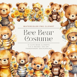 May include: Watercolor clipart set of 51 cute bee bear costumes. The bears are wearing yellow and black striped bee costumes with wings and antennae. Some bears are holding flowers. The background is transparent.