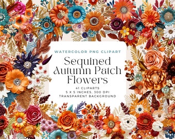 Sequined Autumn Patch Flowers PNG, Watercolor Floral Clipart Bouquets, Elements, Commercial Use, Digital clipart PNG