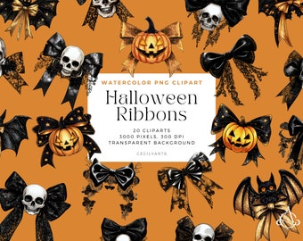 Halloween Ribbons Cliparts, Watercolor clipart, Pumpkin with Ribbon, Halloween pumpkin ribbon, Commercial License