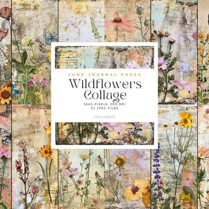 Wildblumen Collage Junk Journal Seiten, Collage Sheets und Junk Journal Printables, kommerzielle Nutzung, Sofort Download, digitale Papiere