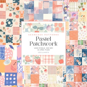 May include: A collection of 44 seamless pastel patchwork patterns featuring various designs, including floral, geometric, and fruit motifs. The patterns are ideal for crafting, scrapbooking, and digital design projects.