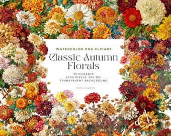 Watercolor Autumn Flowers Clipart: Fall Wedding Graphics (PNG Digital Download