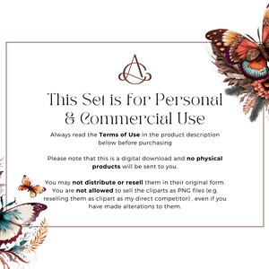 May include: A digital download graphic design set with a text overlay that reads "This Set is for Personal & Commercial Use." The text overlay is on a white background with a floral design and a butterfly in the top right corner.