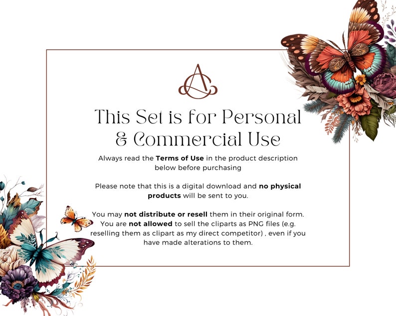 May include: A digital download graphic design set with a text overlay that reads "This Set is for Personal & Commercial Use." The text overlay is on a white background with a floral design and a butterfly in the top right corner.