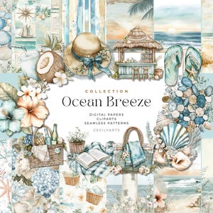 Tropische strandscène clipart, oceaan strand kunst voor scrapbooking, aquarel strand clipart bundel, zomervakantie kunst, oceaan en strand kunst