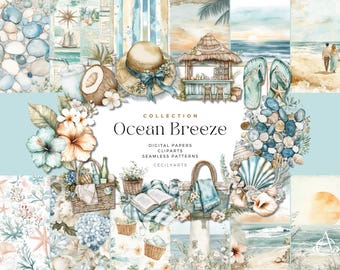 Watercolor Beach Clipart Bundle: Tropical Ocean Scene (Digital Download)