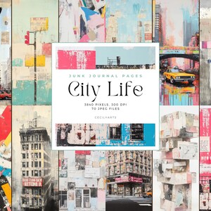 May include: A collage of 70 digital paper backgrounds featuring cityscapes, buildings, and street scenes in a variety of colours and textures. The papers are perfect for junk journaling, scrapbooking, and other creative projects.  Junk Journal Pages City Life 3840 Pixels. 300 DPI 70 JPEG Files CECILYARTS