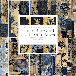 Dusty Blue and Gold Torn Paper Junk Journal Pages, Digital Download JPG, Decorative Paper, Junk Journal Pages, Collage Sheet, Commercial Use