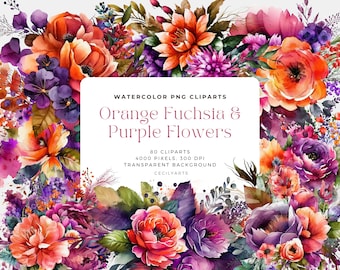 Pode incluir: Conjunto de 80 cliparts PNG de flores laranja, fúcsia e roxas em aquarela. As flores estão dispostas em um buquê e têm um efeito aquarela. O fundo é transparente.